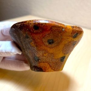 WoodFired Footed Dish. Polka Dot exterior design & Beautiful Green Glaze inside.